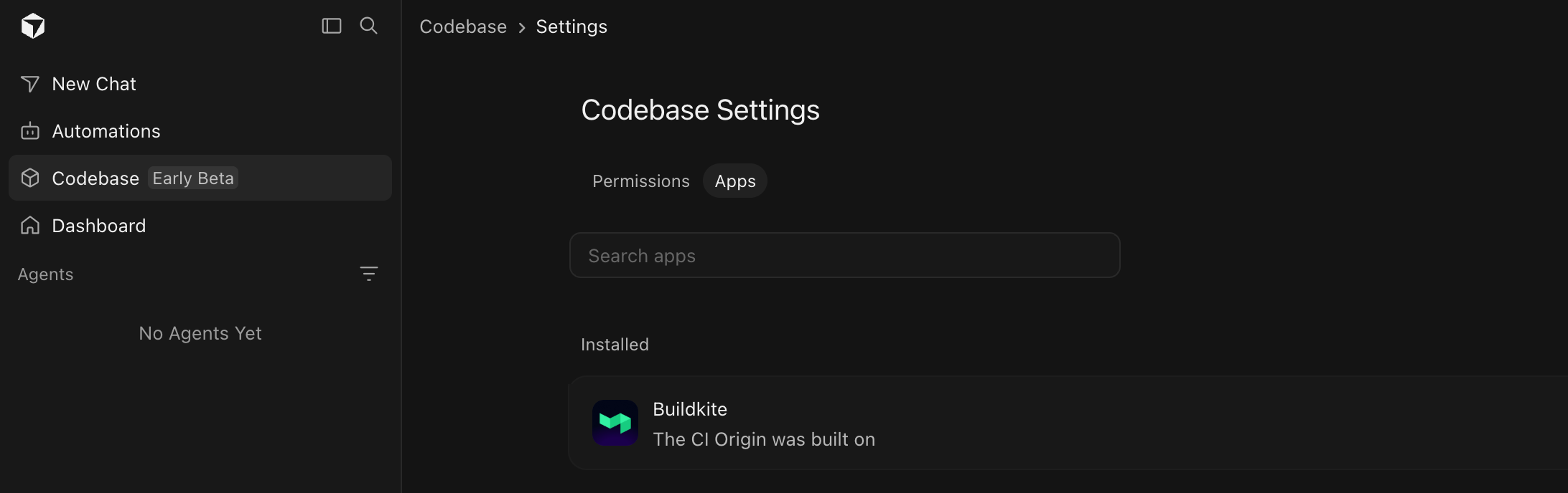 Origin Codebase Settings Apps tab showing Buildkite under Installed