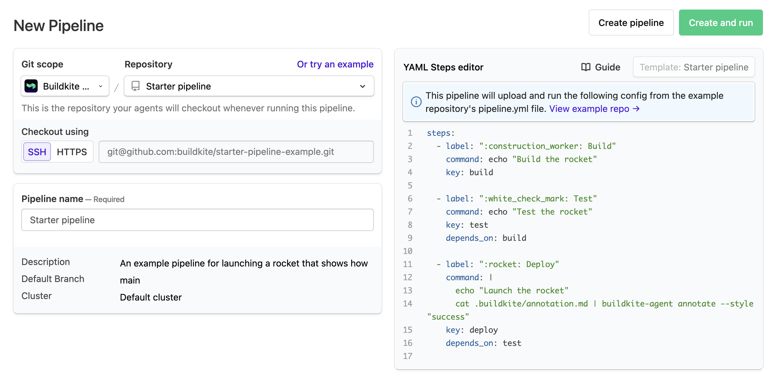 Screenshot of the 'New Pipeline' setup form